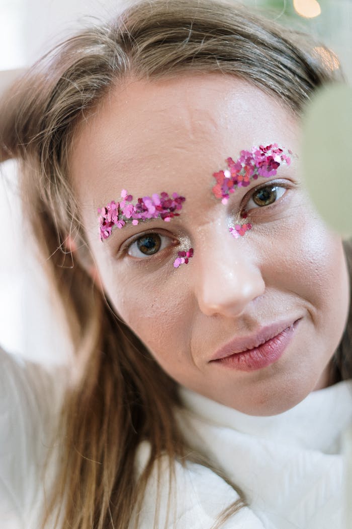 Expressive portrait of a woman with colorful glitter makeup around eyebrows, set indoors.