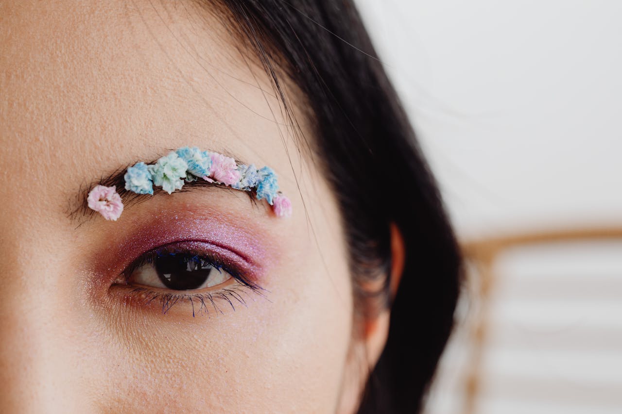 Mastering the First Impression: Your intriguing post title goes here Close-up of an artistic floral eyebrow design with vibrant makeup for a creative look.